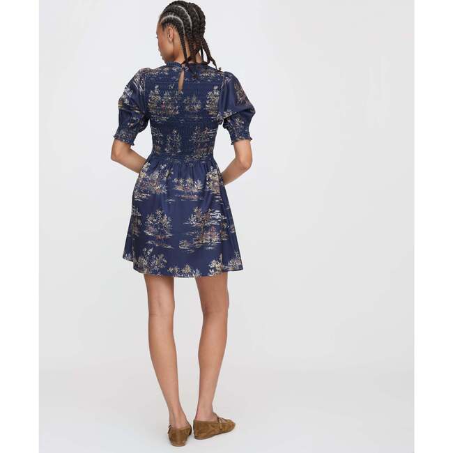 The Women's Vivi Print High Neck Puff Sleeve Midi Dress, Navy Equestrian Toile - Dresses - 3