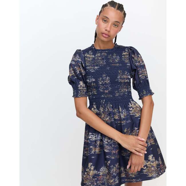 The Women's Vivi Print High Neck Puff Sleeve Midi Dress, Navy Equestrian Toile - Dresses - 4