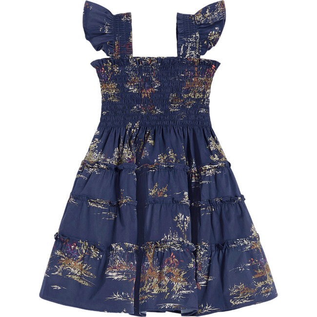 The Tiny Ellie Ruffle Shoulder A-Line Nap Dress, Navy Equestrian Toile