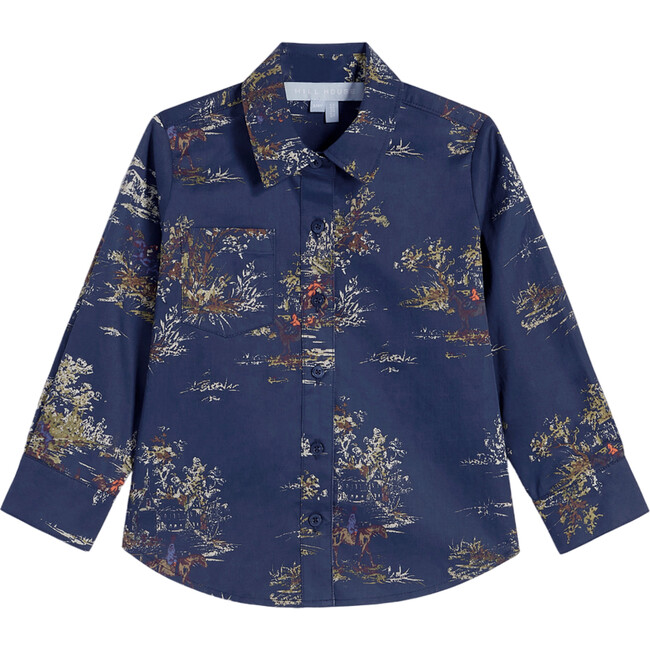 The Tiny Brennan Print Button-Down Shirt, Navy Equestrian Toile