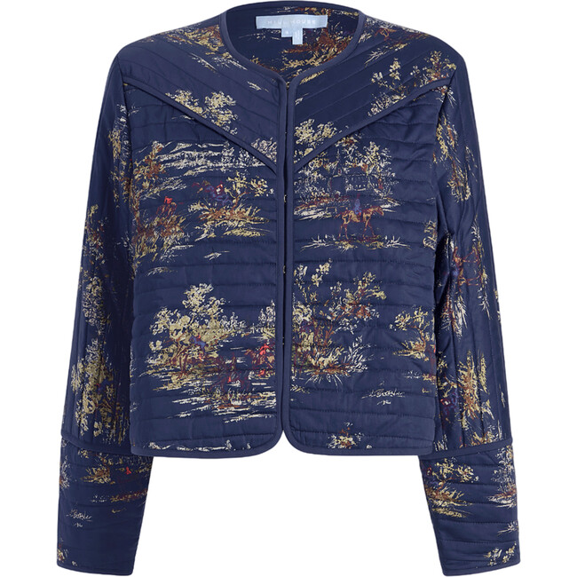 The Women's Amari Print Hook-N-Eye Quilted Jacket, Navy Equestrian Toile