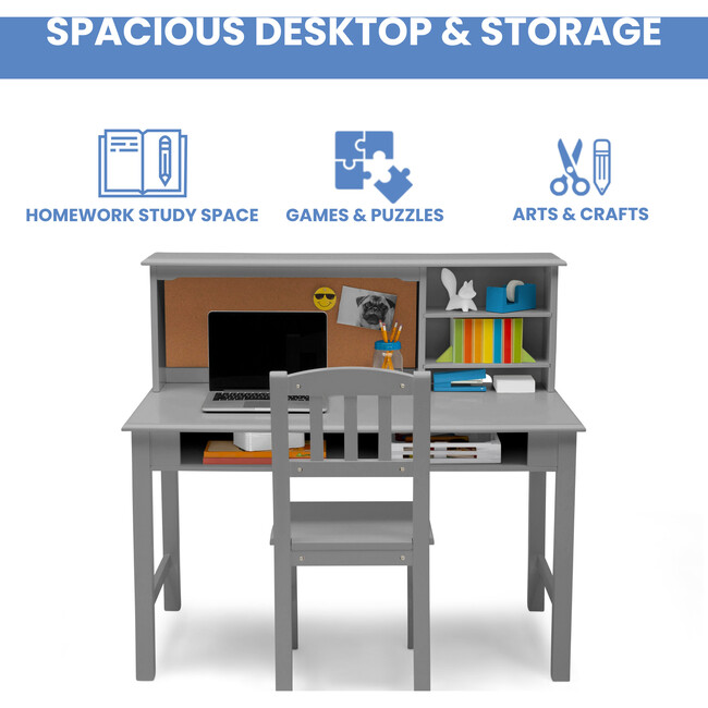 Kids' Wood Desk with Hutch & Chair, Grey - Desks - 5