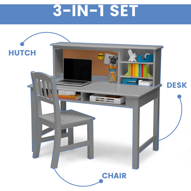 Kids' Wood Desk with Hutch & Chair, Grey - Desks - 6