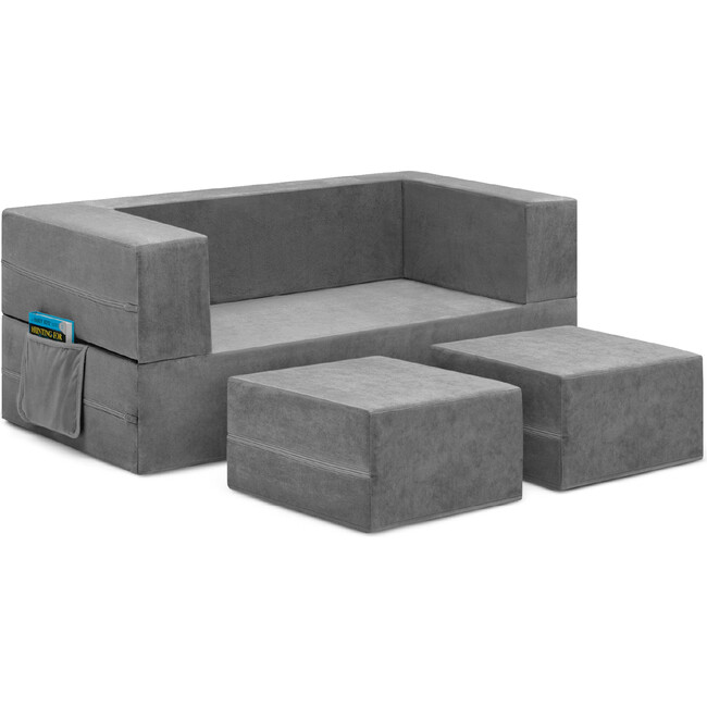 Convertible Kids Sofa & Play Set with 2 Ottomans, Grey