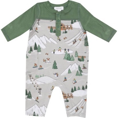 Winter Fun Skiers Romper w/ Contrast Sleeve, Grey