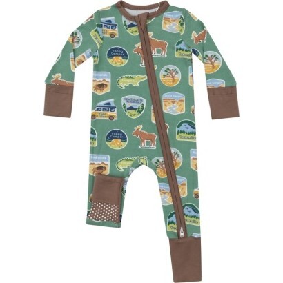 National Park Stickers 2-Way Zipper Romper, Green