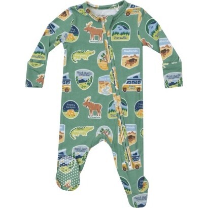 National Park Stickers 2-Way Zipper Footie, Green