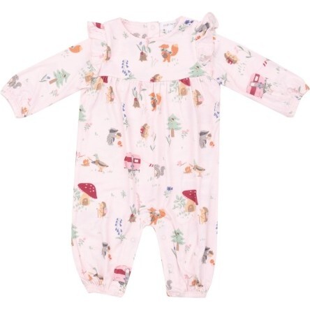 Cute Animal Campers Ruddle Sleeve Romper, Pink