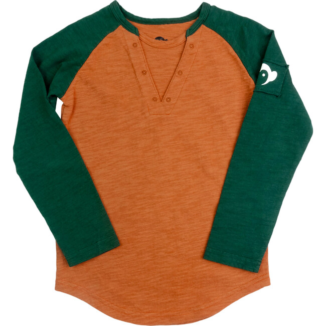 V-Neck Contrast Long Raglan Sleeve Baseball T-Shirts, Terracotta & Green