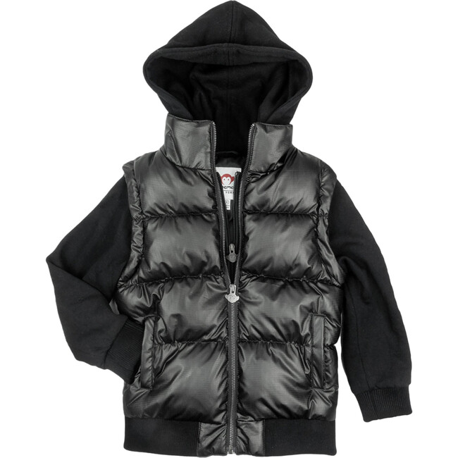 Turnstile Double-Zip Front Pocket Hoodie Puffer Jacket, Black