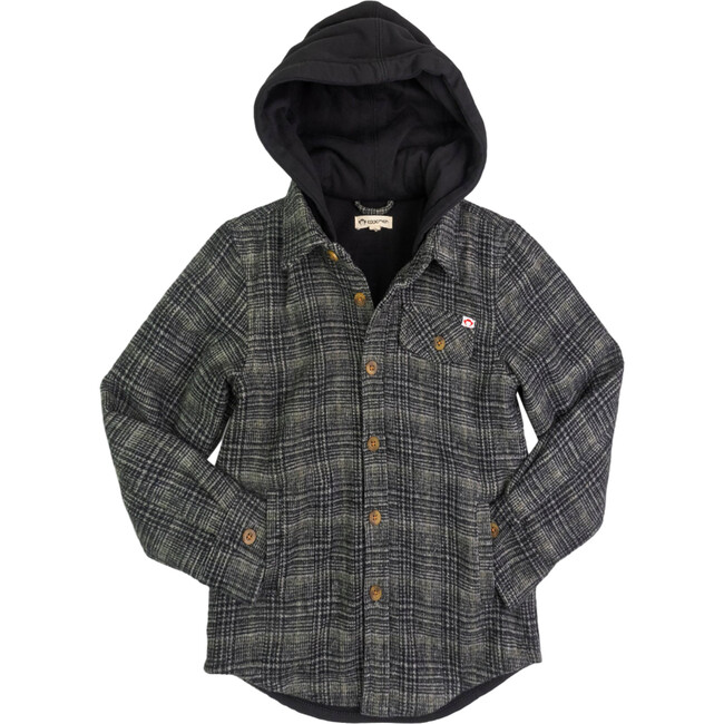 Glen Plaid Front Pocket Hooded Flannel Shirt, Black & Moss