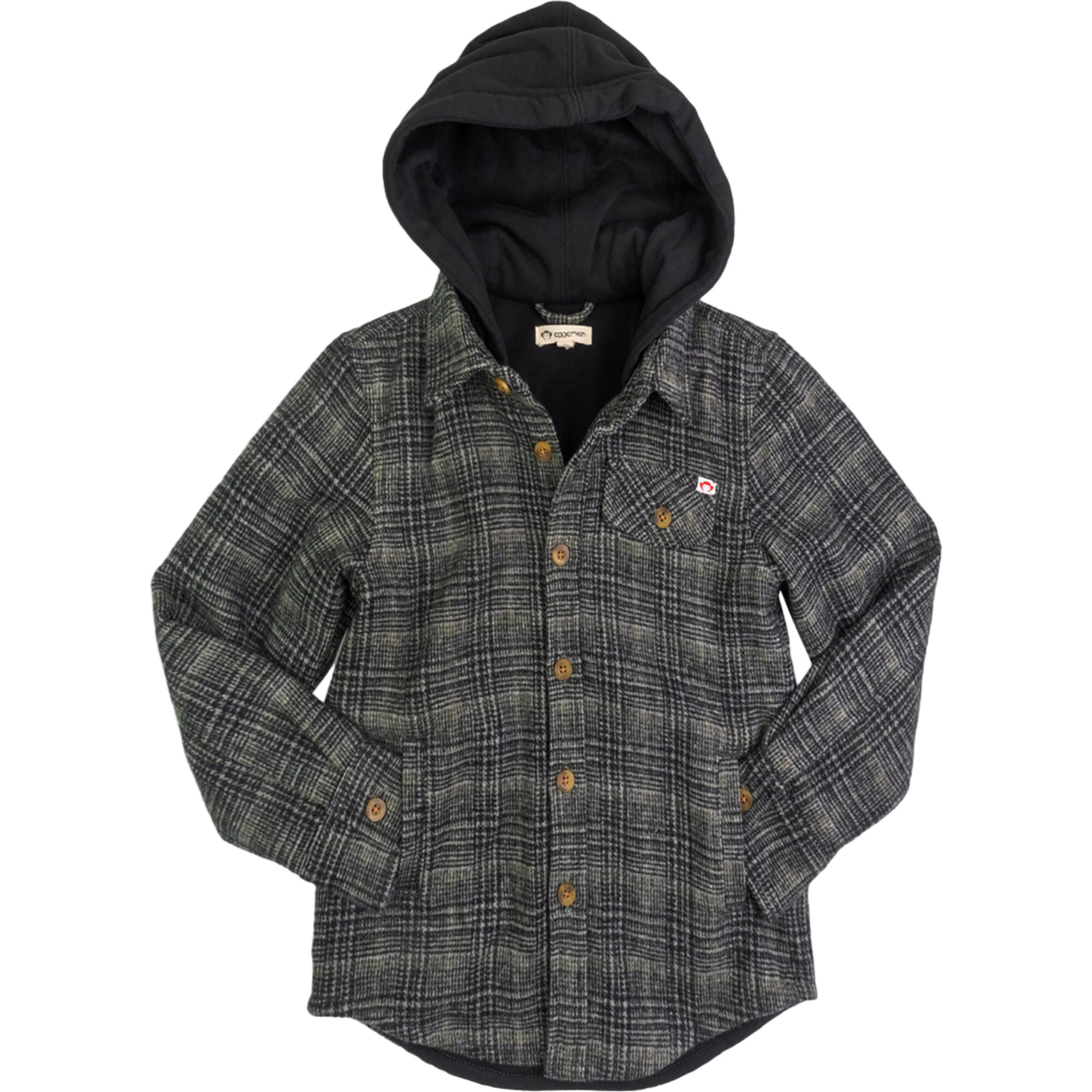 Glen Plaid Front Pocket Hooded Flannel Shirt, Black & Moss - Shirts - 1
