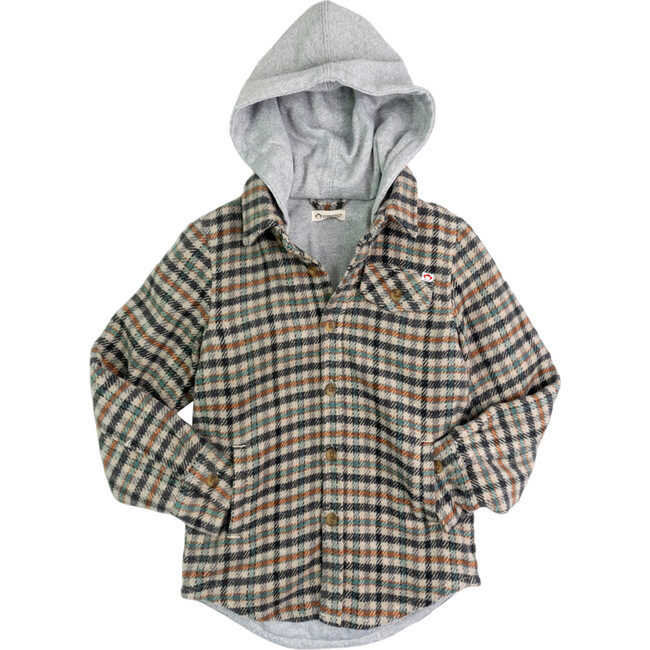 Glen Checkered Front Pocket Hooded Flannel Shirt, Beige & Teal