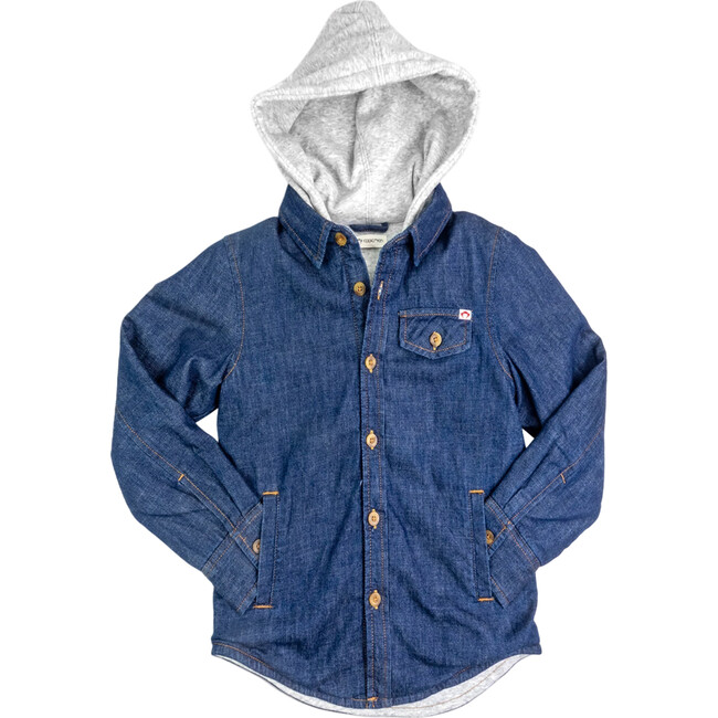 Glen Front Pocket Contrast Hooded Denim Shirt, Blue & Light Grey