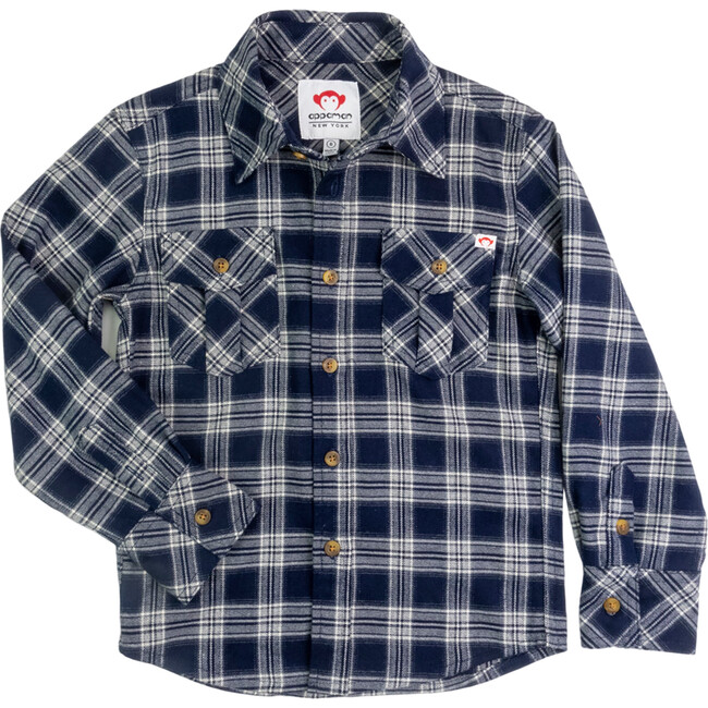 Plaid Long Sleeve Front Pocket Flannel Shirt, Navy