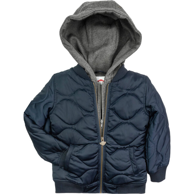 Bx Quilted Double-Zip Hooded Front Pocket Bomber Jacket, Navy Blue