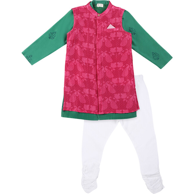 Panna Silk Block Print Kurta, Long Sherwani Jacket & Churidaar 3-Piece Set, Green & Magenta