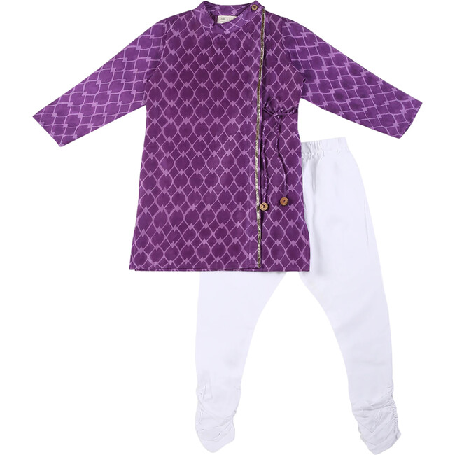 Jamini Silk Chanderi Block Print Angrakha Kurta & Churidaar 2-Piece Set, Purple