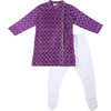 Jamini Silk Chanderi Block Print Angrakha Kurta & Churidaar 2-Piece Set, Purple - Mixed Apparel Set - 1 - thumbnail
