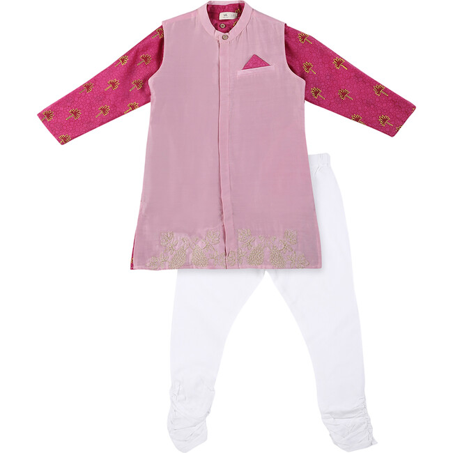 Maanik Silk Block Print Kurta, Zari Embroidered Long Sherwani Jacket & Churidaar 3-Piece Set, Magenta