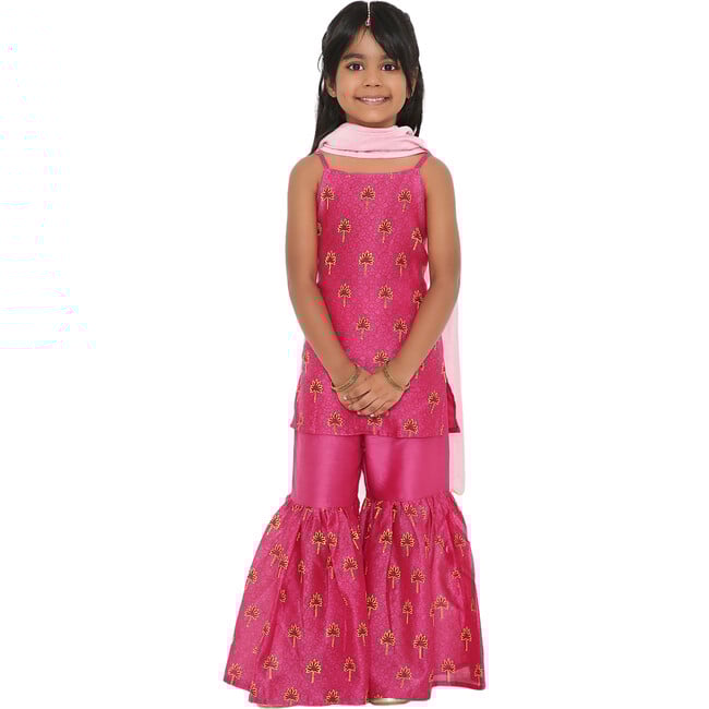 Maanik Silk Block Print Sharara Set & Scalloped Dupatta 2-Piece Set, Pink - Dresses - 4