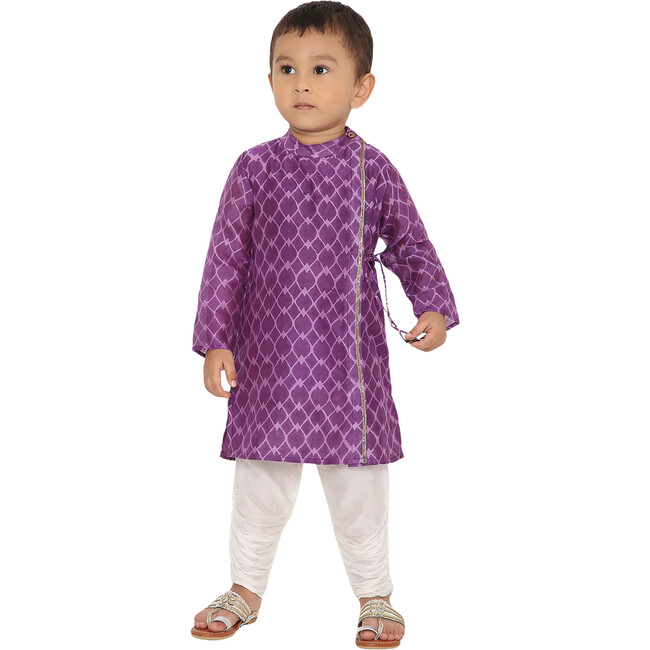 Jamini Silk Chanderi Block Print Angrakha Kurta & Churidaar 2-Piece Set, Purple - Mixed Apparel Set - 6