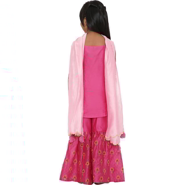 Maanik Silk Block Print Sharara Set & Scalloped Dupatta 2-Piece Set, Pink - Dresses - 5