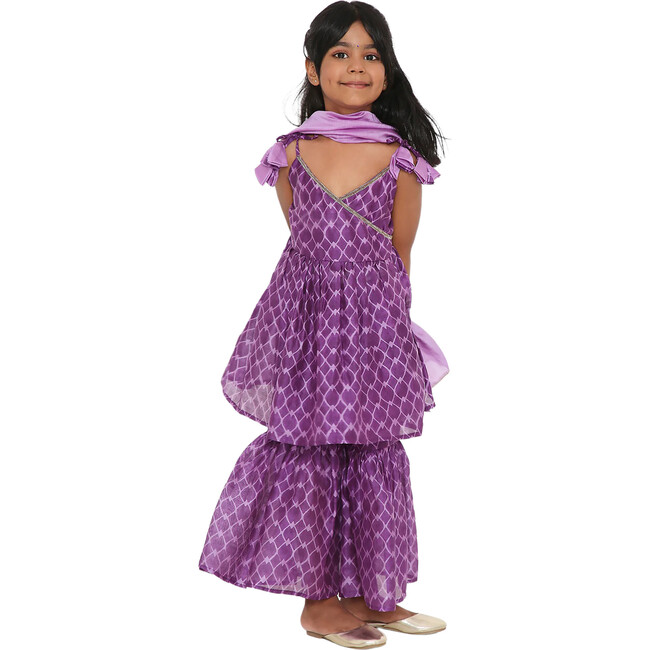 Jamini Silk Chanderi Block Print Sharara Set & Dupatta 3-Piece Set, Purple - Dresses - 4