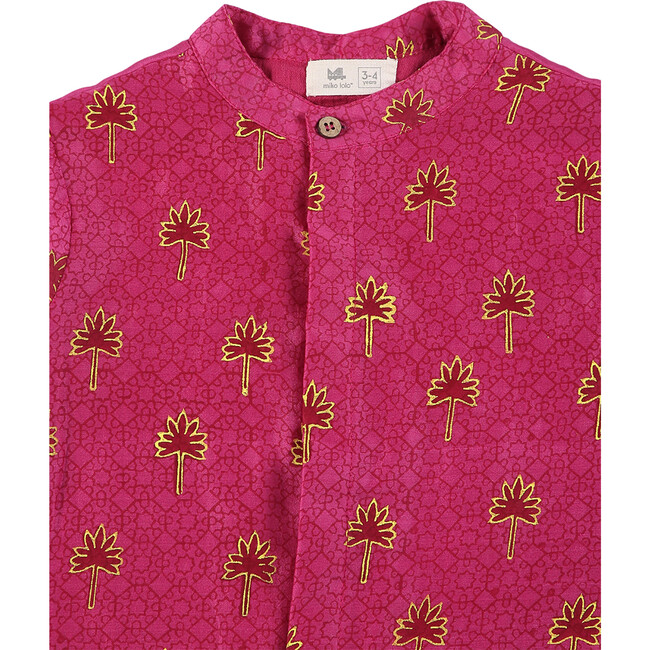 Maanik Silk Block Print Kurta, Zari Embroidered Long Sherwani Jacket & Churidaar 3-Piece Set, Magenta - Mixed Apparel Set - 4