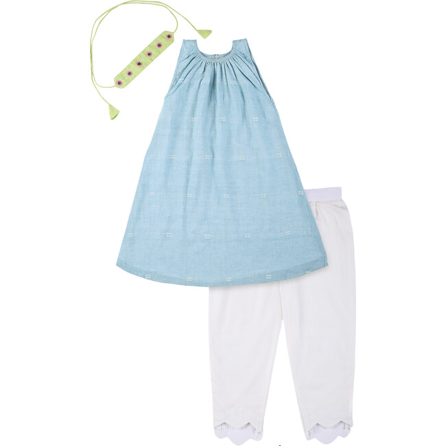 Girls Baadal Jamdani Cotton Ethnic Kurta Pyjama & Embroidered Belt 3-Piece Set, Light Blue