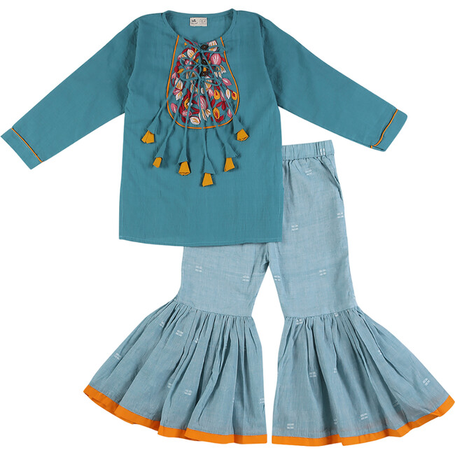 Girls Ambar Ethnic Short Kurti & Jamdani Cotton Sharara 2-Piece Set, Blue