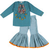 Girls Ambar Ethnic Short Kurti & Jamdani Cotton Sharara 2-Piece Set, Blue - Mixed Apparel Set - 1 - thumbnail