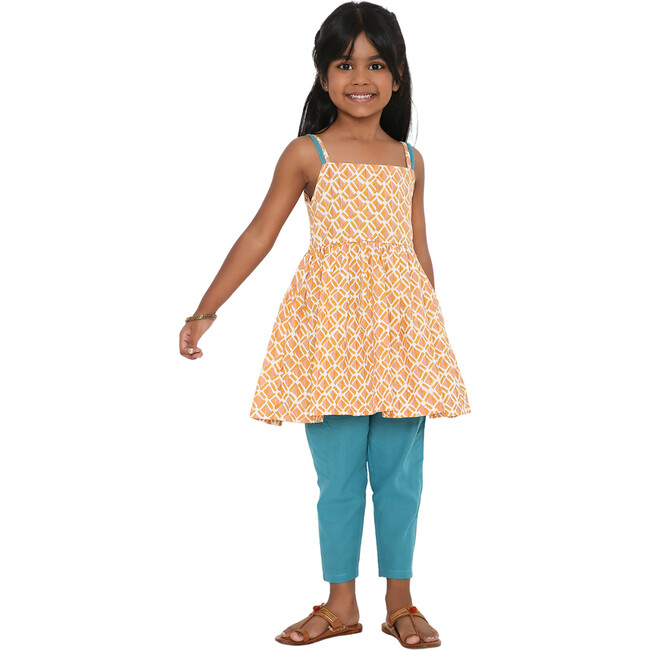 Girls Genda Block Print Kurta 2-Piece Set, Orange & Blue - Mixed Apparel Set - 4