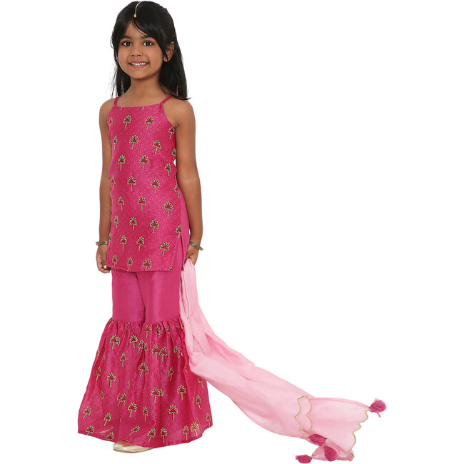 Maanik Silk Block Print Sharara Set & Scalloped Dupatta 2-Piece Set, Pink - Dresses - 6