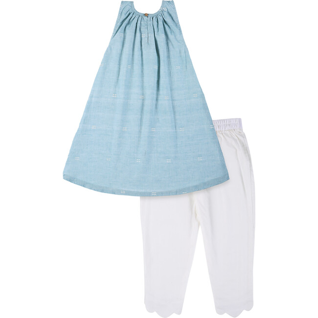 Girls Baadal Jamdani Cotton Ethnic Kurta Pyjama & Embroidered Belt 3-Piece Set, Light Blue - Mixed Apparel Set - 2