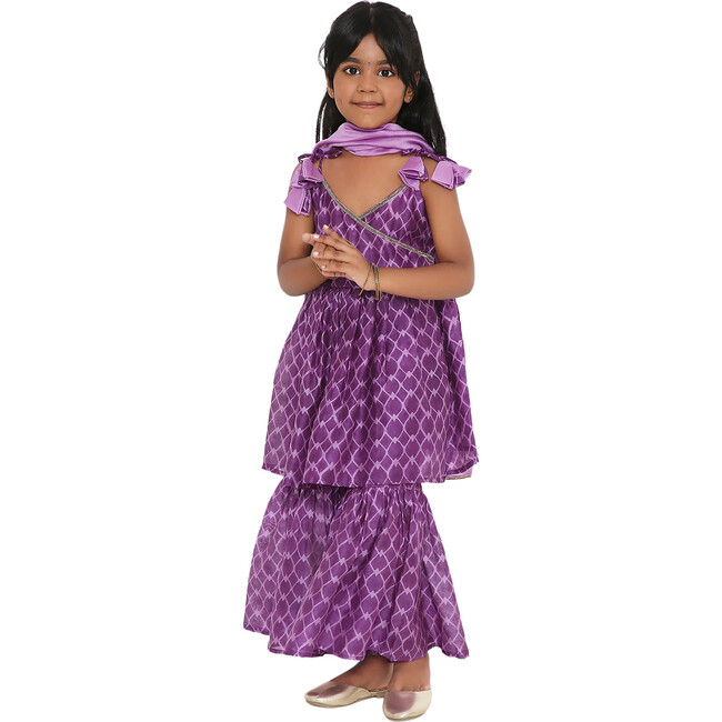 Jamini Silk Chanderi Block Print Sharara Set & Dupatta 3-Piece Set, Purple - Dresses - 6