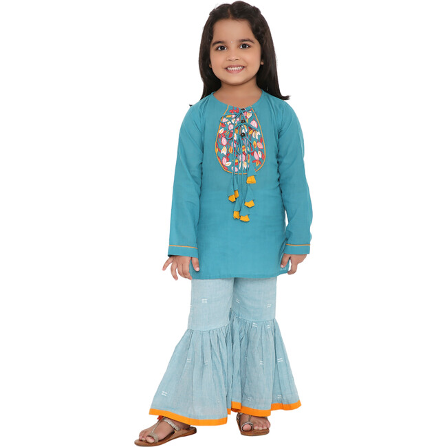 Girls Ambar Ethnic Short Kurti & Jamdani Cotton Sharara 2-Piece Set, Blue - Mixed Apparel Set - 4