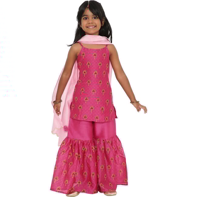 Maanik Silk Block Print Sharara Set & Scalloped Dupatta 2-Piece Set, Pink - Dresses - 9