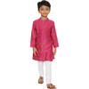 Maanik Silk Block Print Kurta, Zari Embroidered Long Sherwani Jacket & Churidaar 3-Piece Set, Magenta - Mixed Apparel Set - 9