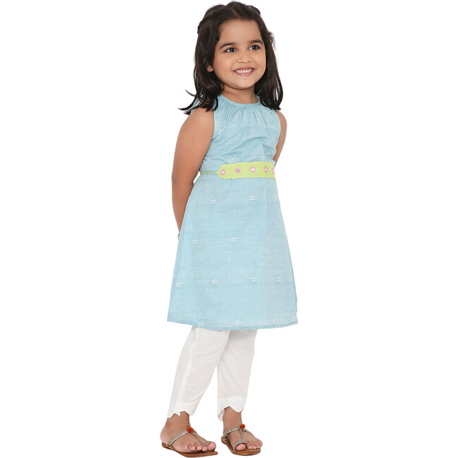 Girls Baadal Jamdani Cotton Ethnic Kurta Pyjama & Embroidered Belt 3-Piece Set, Light Blue - Mixed Apparel Set - 6