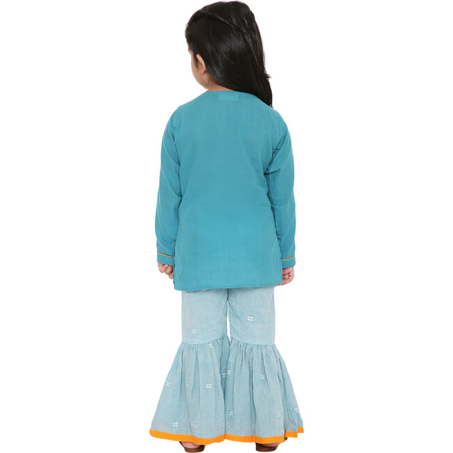 Girls Ambar Ethnic Short Kurti & Jamdani Cotton Sharara 2-Piece Set, Blue - Mixed Apparel Set - 5