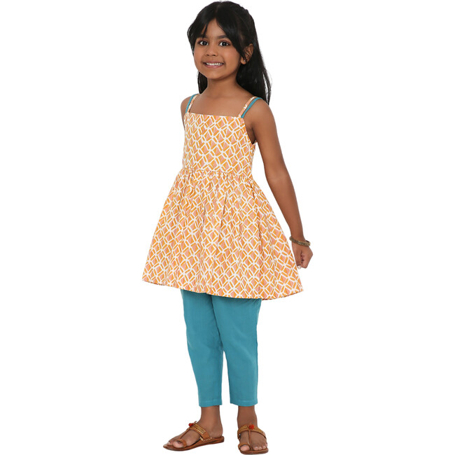 Girls Genda Block Print Kurta 2-Piece Set, Orange & Blue - Mixed Apparel Set - 8