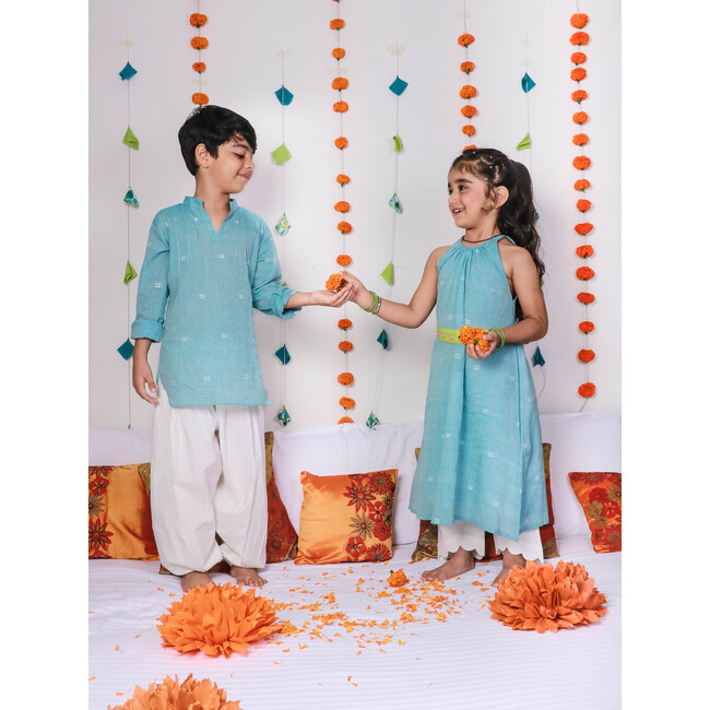 Girls Baadal Jamdani Cotton Ethnic Kurta Pyjama & Embroidered Belt 3-Piece Set, Light Blue - Mixed Apparel Set - 8