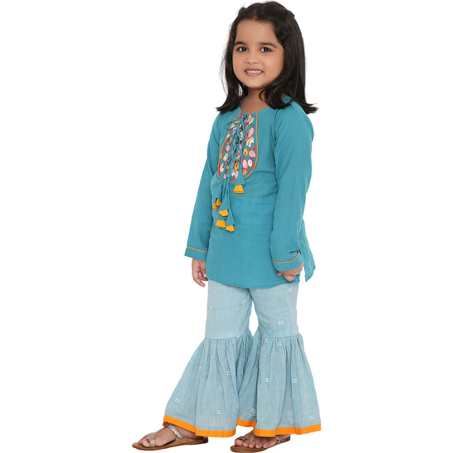 Girls Ambar Ethnic Short Kurti & Jamdani Cotton Sharara 2-Piece Set, Blue - Mixed Apparel Set - 7