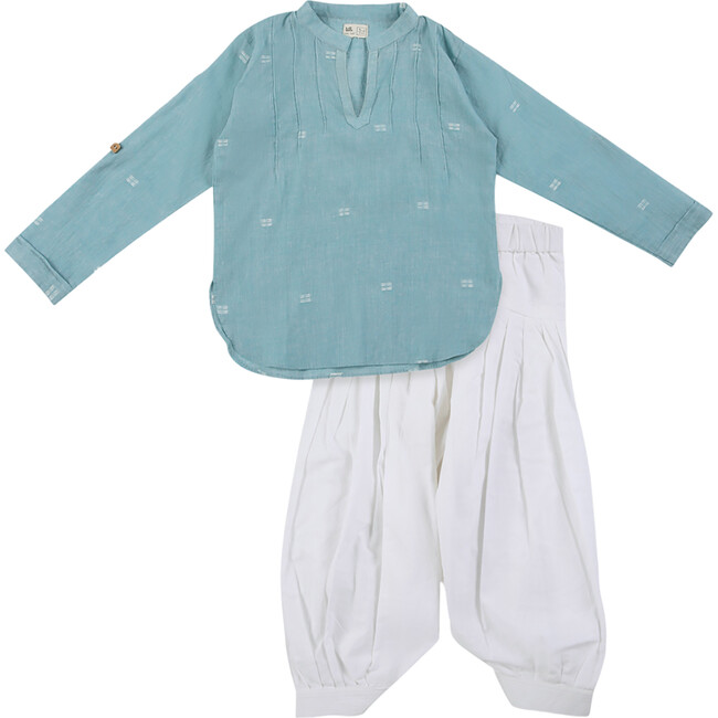 Boys Baadal Jamdani Cotton Ethnic Patiala & Kurta Salwar 2-Piece Set, Light Blue