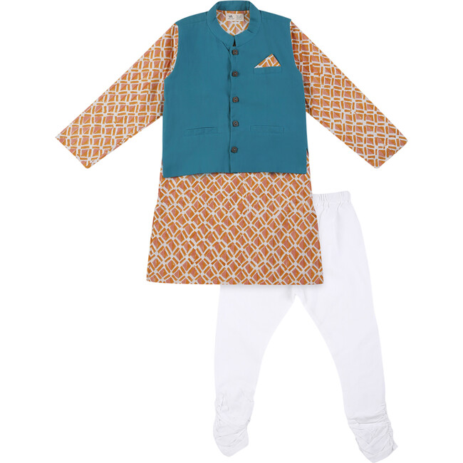 Boys Genda Block Print Ethnic Kurta, Ambar Jacket & Churidaar 3-Piece Set, Orange & Blue