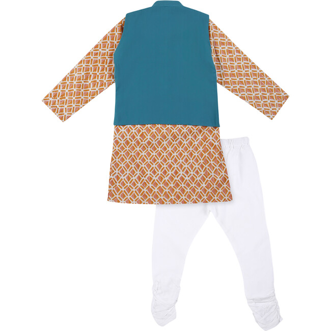 Boys Genda Block Print Ethnic Kurta, Ambar Jacket & Churidaar 3-Piece Set, Orange & Blue - Mixed Apparel Set - 2