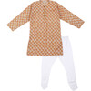 Boys Genda Block Print Ethnic Kurta, Ambar Jacket & Churidaar 3-Piece Set, Orange & Blue - Mixed Apparel Set - 3