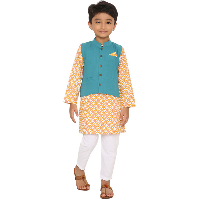 Boys Genda Block Print Ethnic Kurta, Ambar Jacket & Churidaar 3-Piece Set, Orange & Blue - Mixed Apparel Set - 5