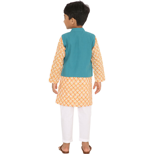 Boys Genda Block Print Ethnic Kurta, Ambar Jacket & Churidaar 3-Piece Set, Orange & Blue - Mixed Apparel Set - 6